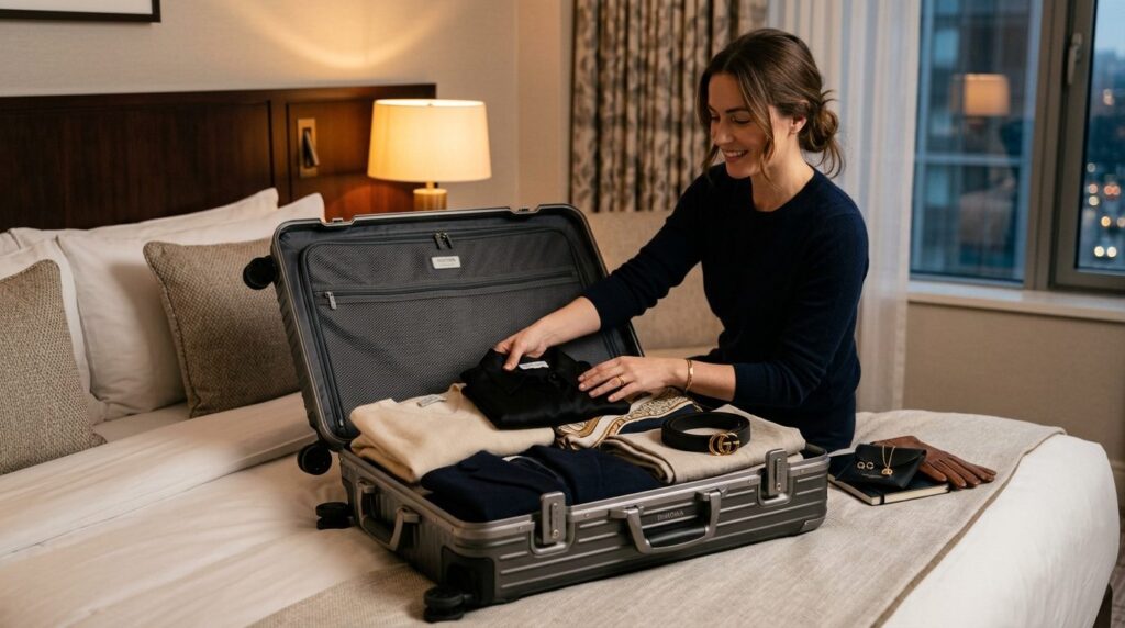 Close-up of hotel guest unpacking premium luggage in a desig