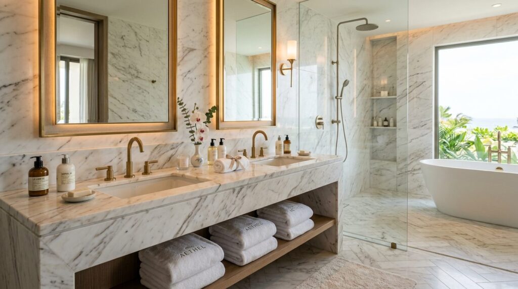 Boutique hotel bathroom with spa-quality amenities, luxury t