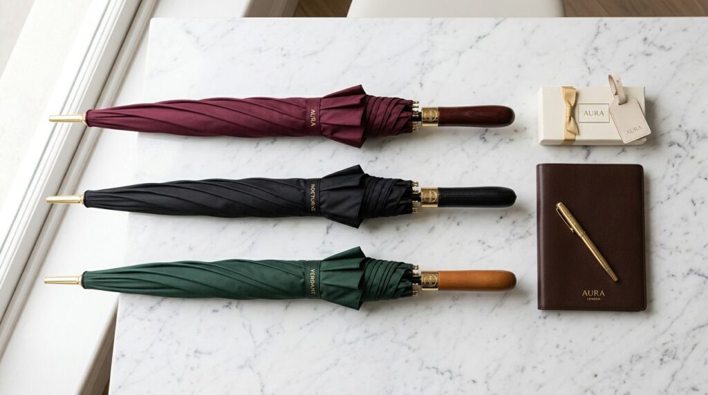 Flat lay luxury branded umbrella collection on white marble 