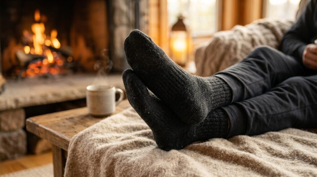 Close-up detail shot of premium black thermal socks on a per