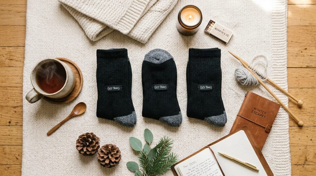 Flat lay composition of black insulated thermal socks arrang