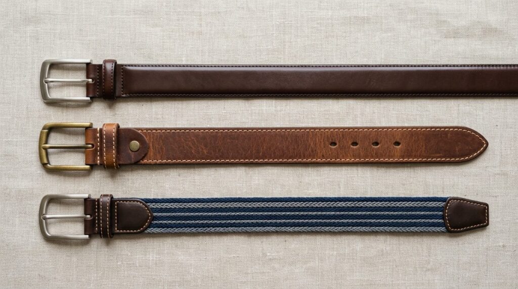 Flat lay comparison of three different mens belts in variou