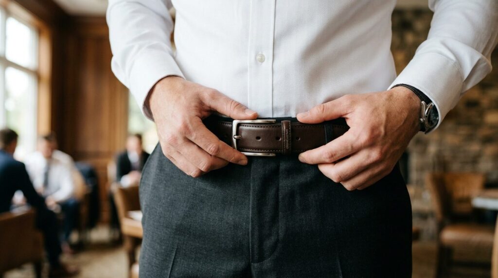 Detail shot of a man adjusting his belt buckle while wearing