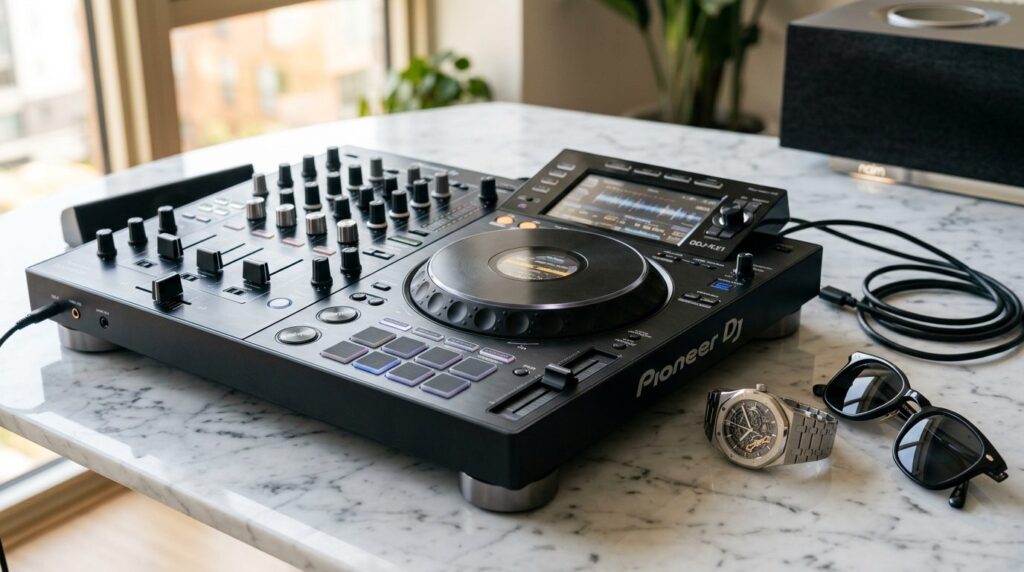 Close-up detail shot of an expensive DJ controller with slee