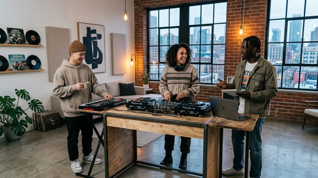 Urban fashion lifestyle scene of young creative professional