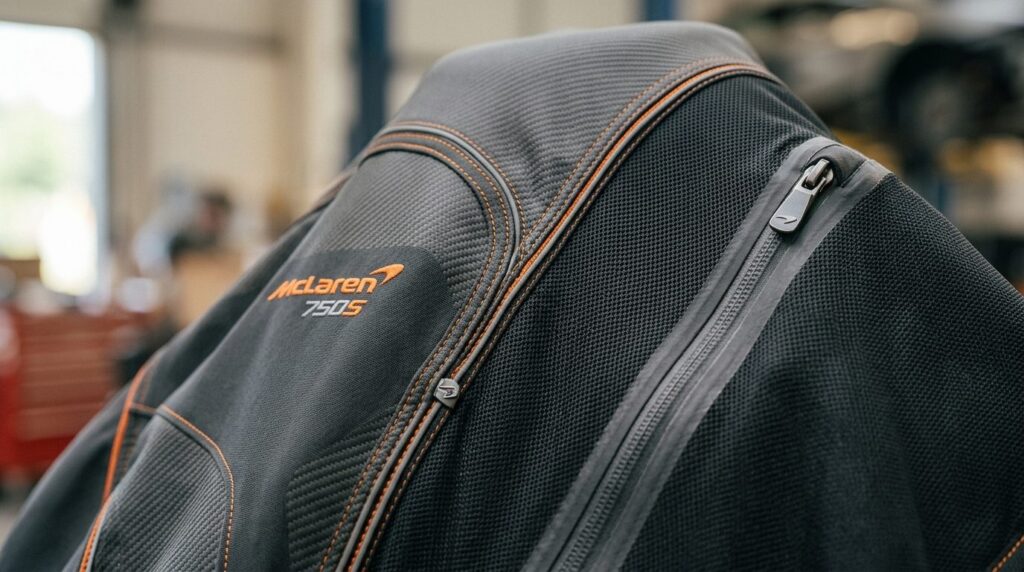 Close-up detail shot of premium technical jacket fabric insp