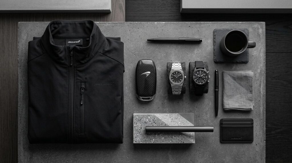 Flat lay luxury lifestyle composition featuring McLaren 750S