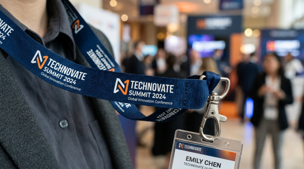 Close-up detail shot of a high-quality printed lanyard showi