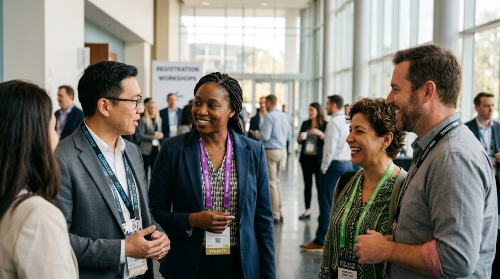 Diverse group of people wearing custom branded lanyards at a