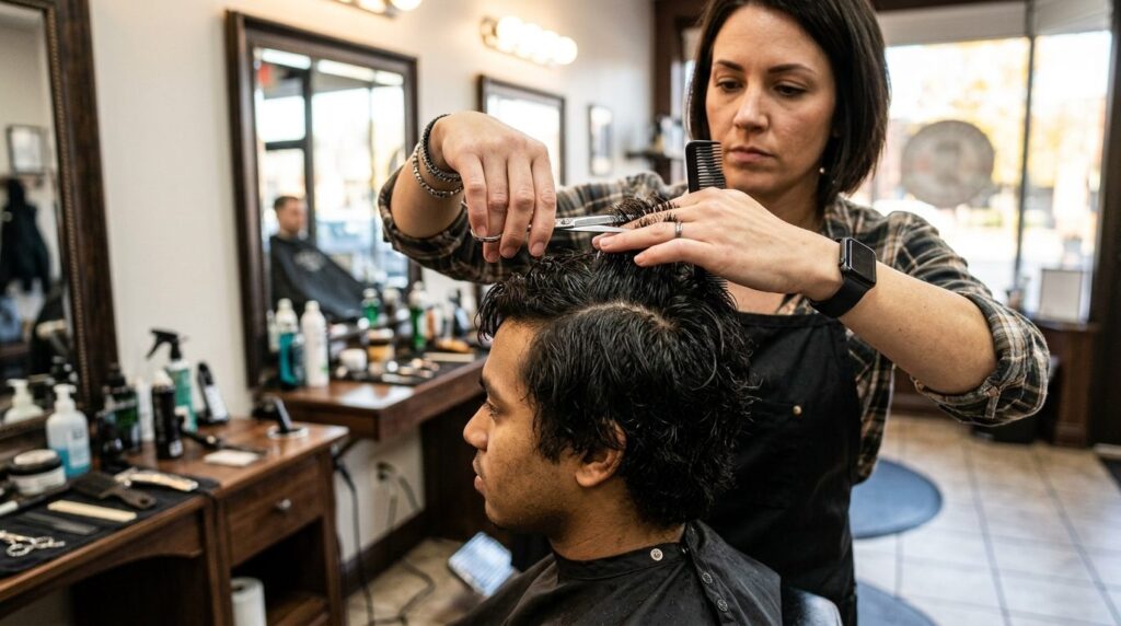 Barber using scissors and comb to shape the crown section of