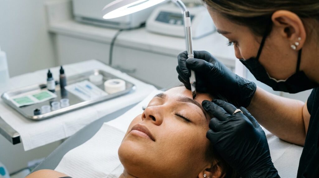 Detailed close-up of microblading procedure in progress: pro