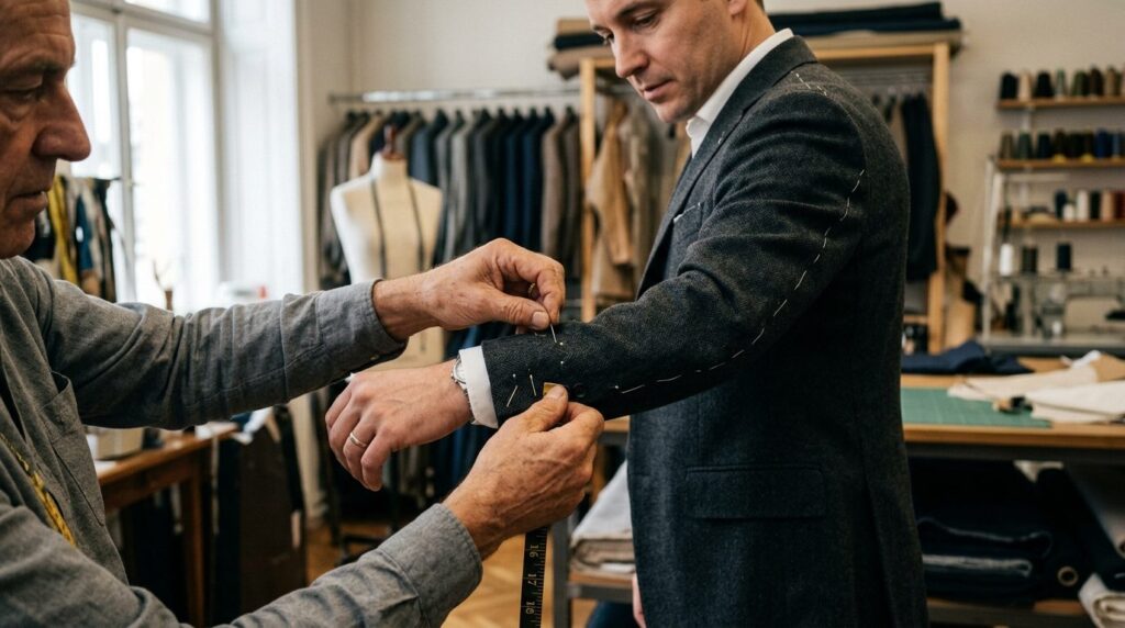 Fotorealistic close-up of a skilled tailors hands pinning a