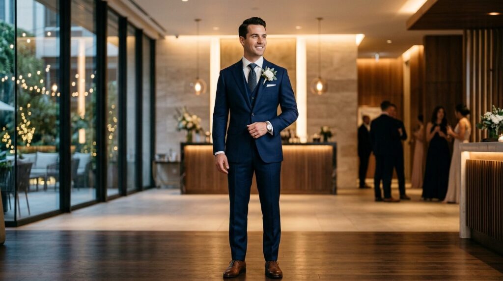 Professional lifestyle photograph of a well-dressed groom in
