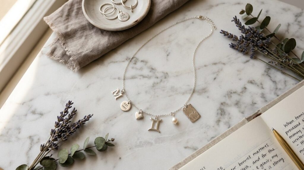 Flat lay luxury jewelry composition featuring an elegant sil