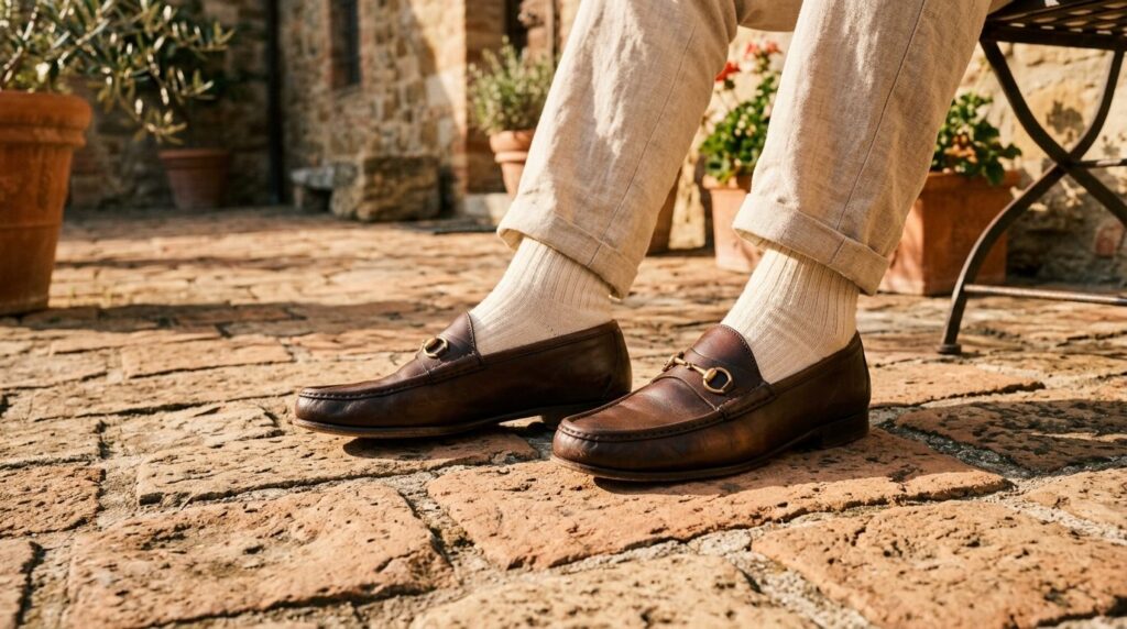Close-up detail of luxury Italian leather loafers and cream 