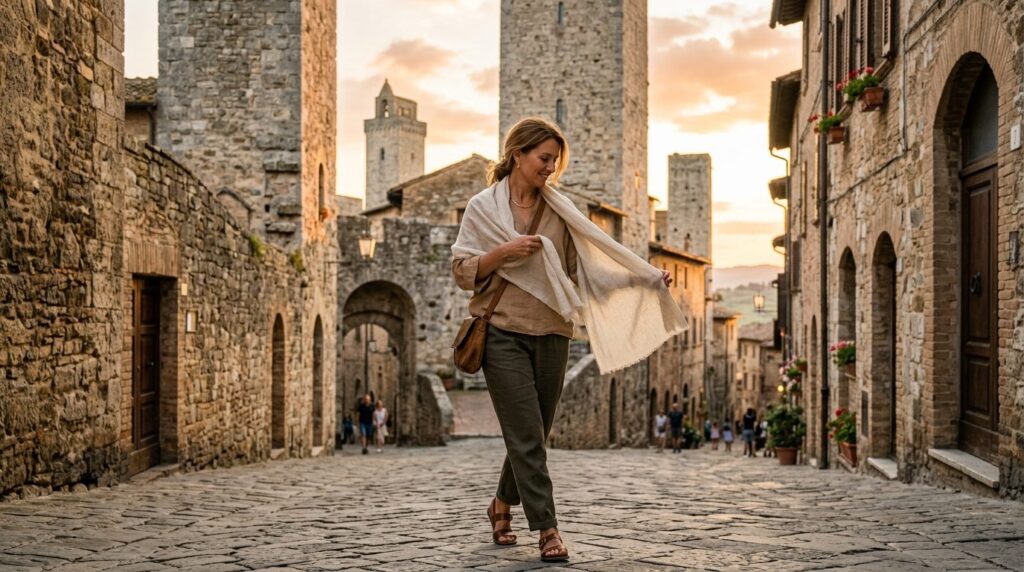 Woman adjusting a lightweight linen scarf around her shoulde