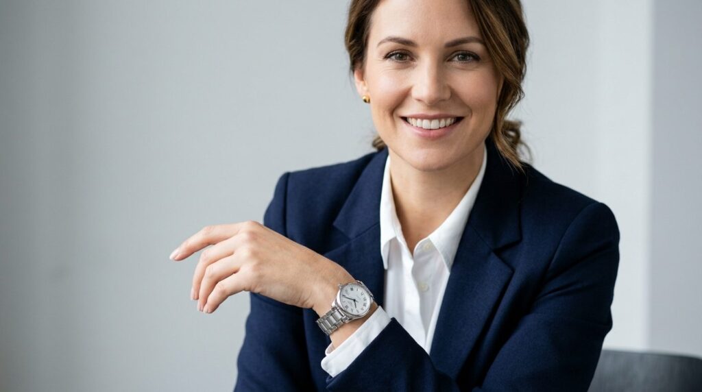 Close-up portrait of a woman wearing a classic stainless ste