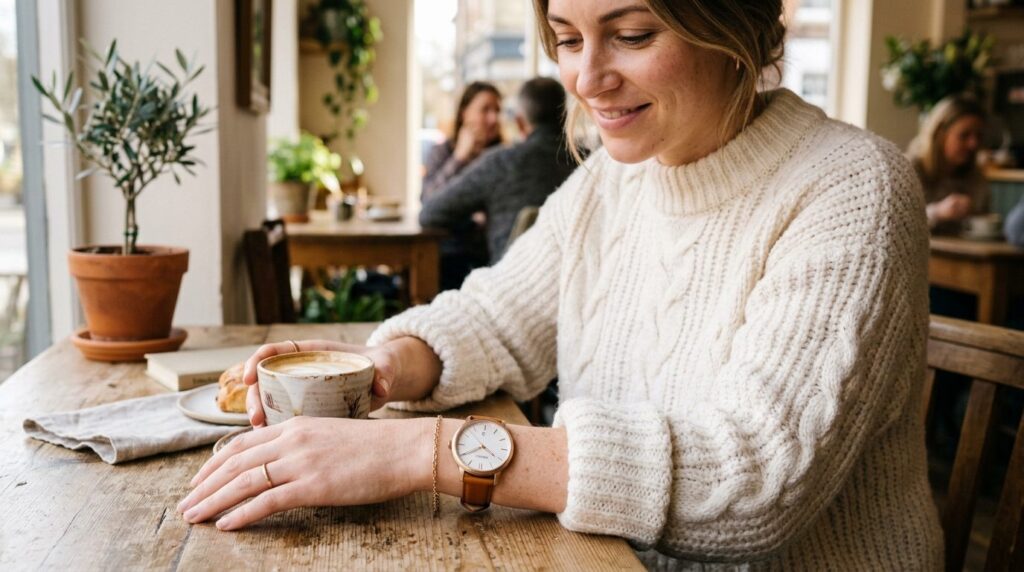 Lifestyle fashion photograph of a womans wrist wearing a mo