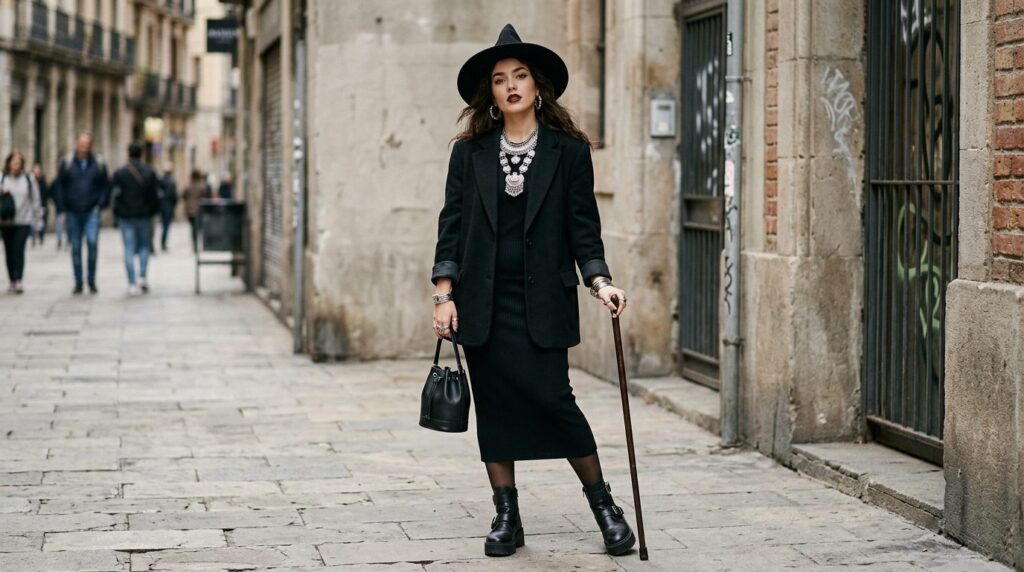 Fashion editorial portrait of a stylish woman wearing a mode