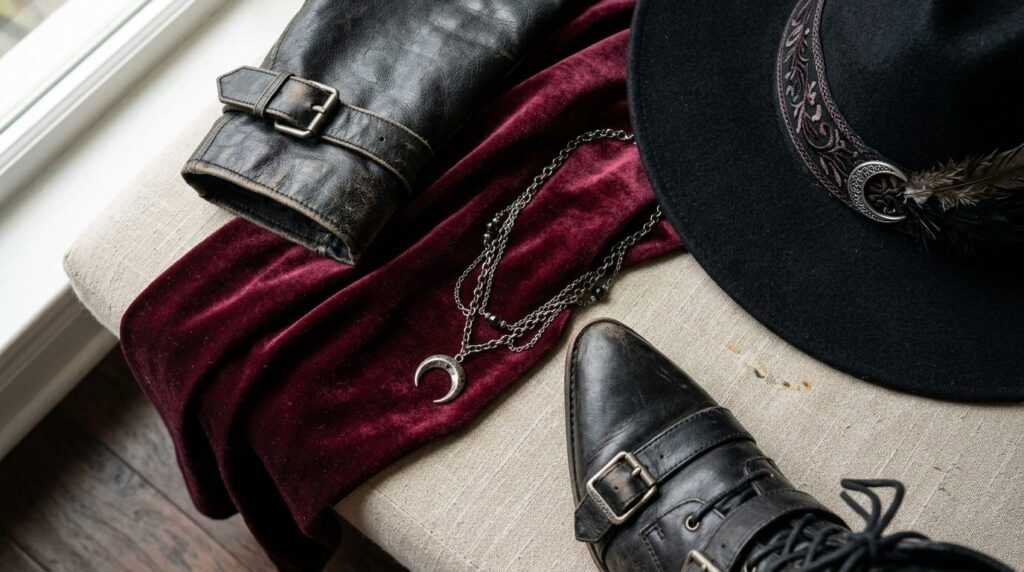 Close-up detail shot of witch costume styling elements arran