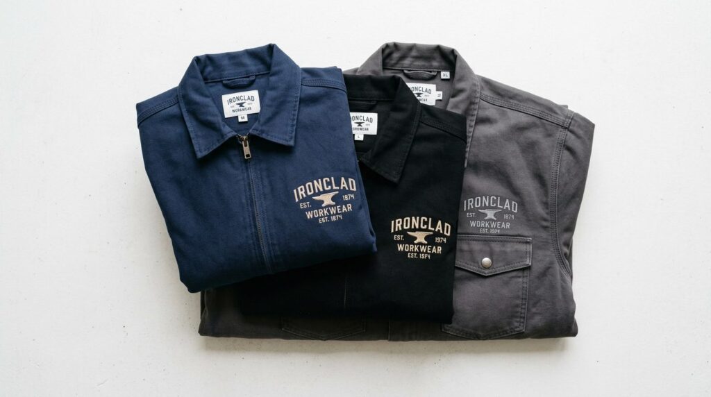 Flat lay product photography of premium branded work jackets