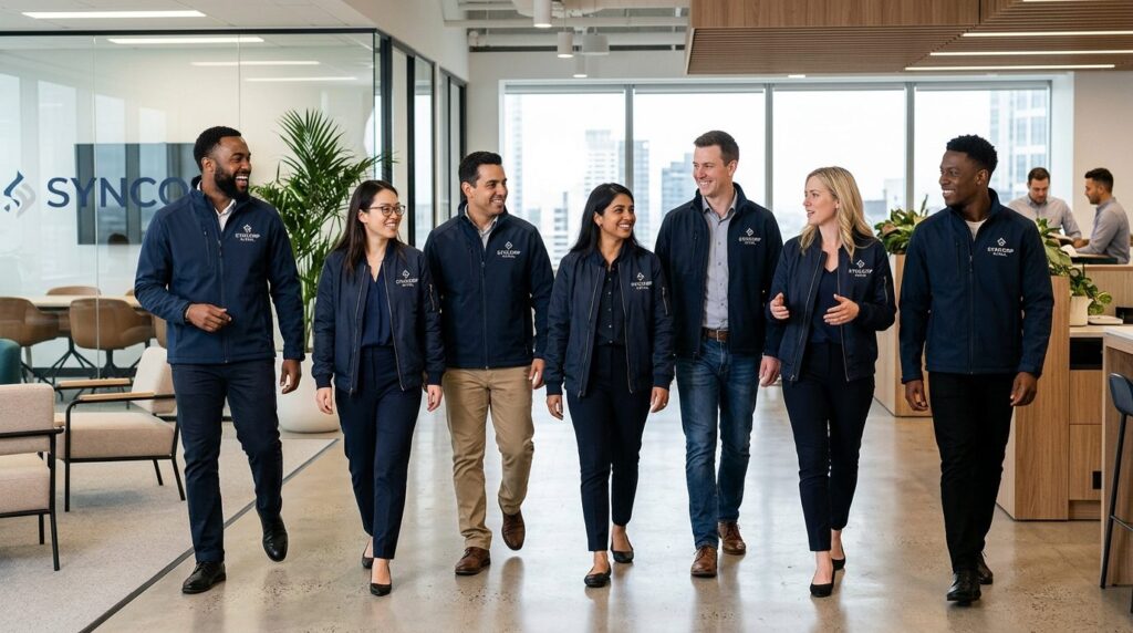 Corporate team wearing matching branded bomber and softshell