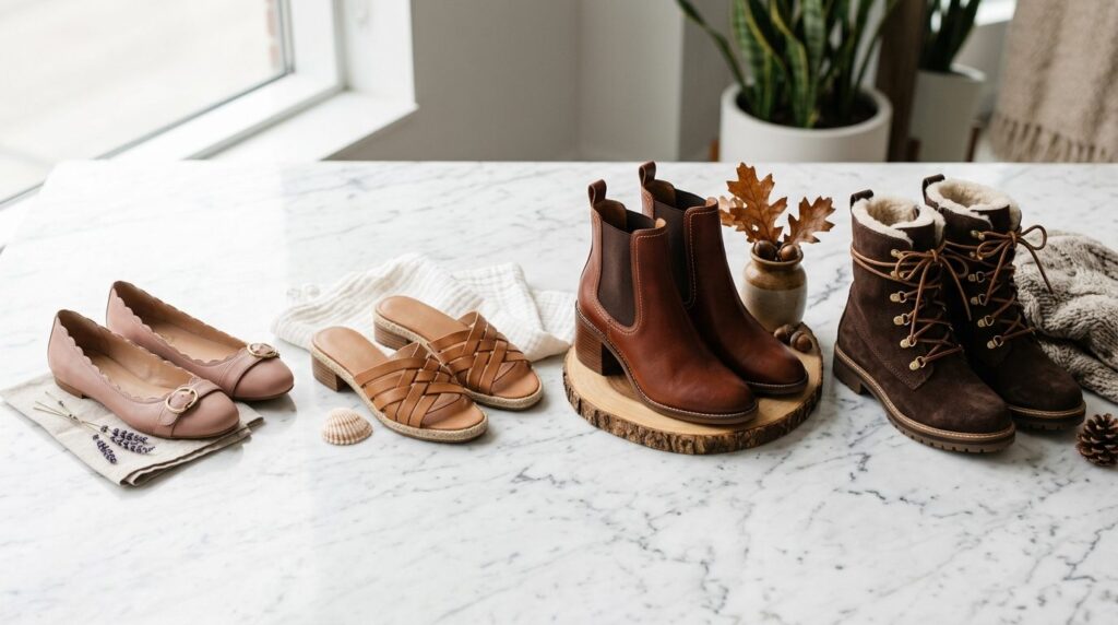 Close-up product photography of womens footwear arranged as