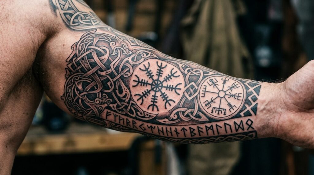 Detaljeret close-up af en vikinginspireret tatovering på en arm.