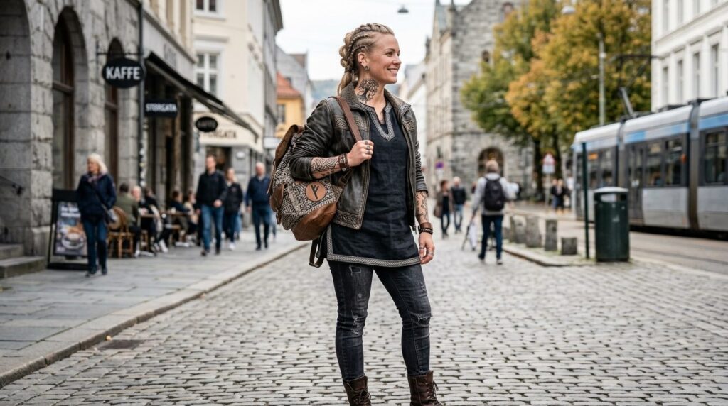 Stilfotografi af en person iført vikingeinspireret tøj.